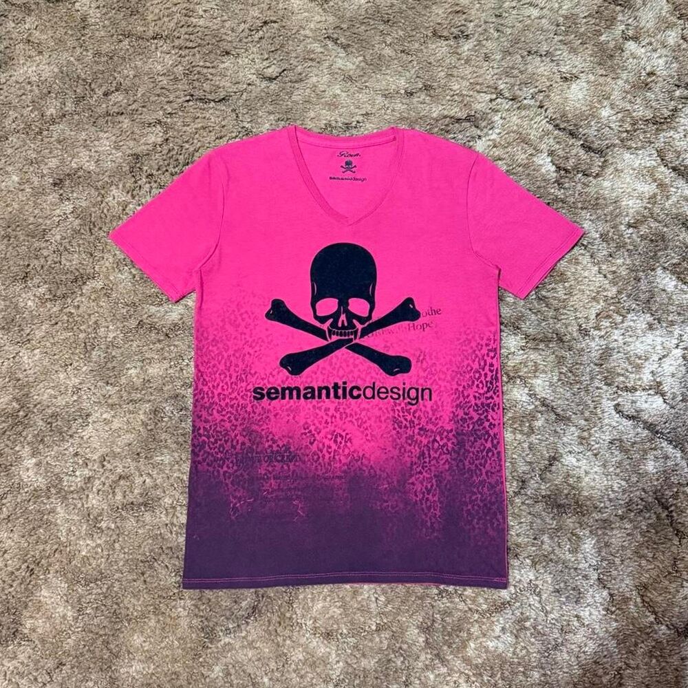 Roen x Semantic Design Archive Pink Leopard Print Skull V Neck T-Shirt Medium